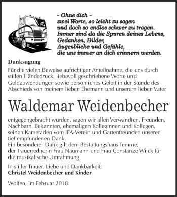 Traueranzeige von Waldemar Weidenbecher von WVG - Wochenspiegel Bitterfeld