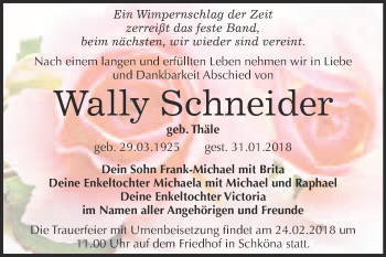 Traueranzeige von Wally Schneider von WVG - Wochenspiegel Bitterfeld