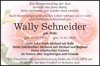 Traueranzeige von Wally Schneider von Mitteldeutsche Zeitung Bitterfeld