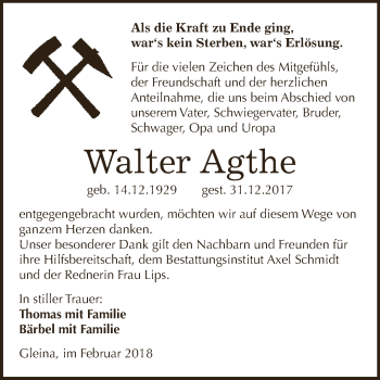 Traueranzeige von Walter Agthe von WVG - Wochenspiegel NMB / WSF / ZTZ