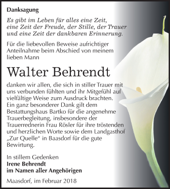 Traueranzeige von Walter Behrendt von Mitteldeutsche Zeitung Köthen