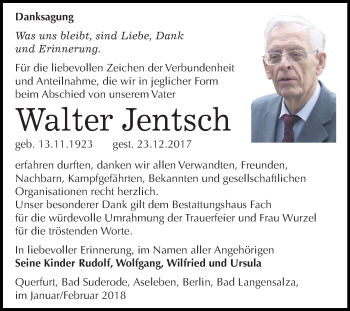 Traueranzeige von Walter Jentsch von Mitteldeutsche Zeitung Merseburg/Querfurt
