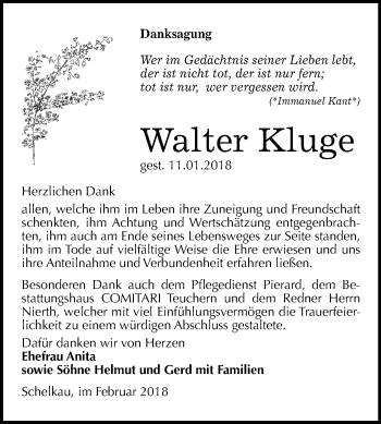 Traueranzeige von Walter Kluge von Mitteldeutsche Zeitung