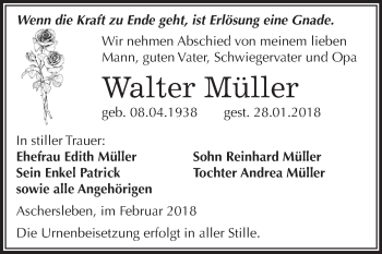 Traueranzeige von Walter Müller von Mitteldeutsche Zeitung Aschersleben