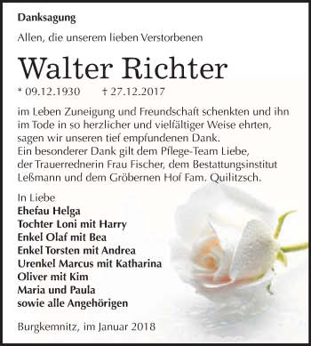 Traueranzeige von Walter Richter von WVG - Wochenspiegel Bitterfeld