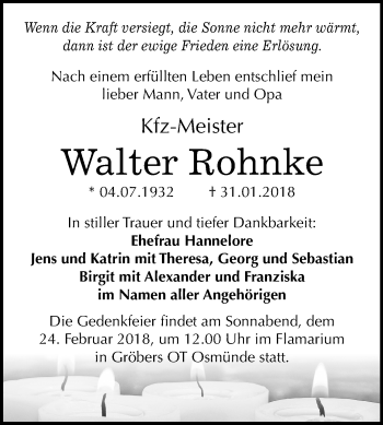 Traueranzeige von Walter Rohnke von Mitteldeutsche Zeitung Halle/Saalkreis