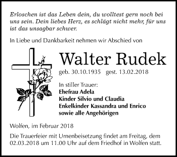 Traueranzeige von Walter Rudek von Mitteldeutsche Zeitung Bitterfeld