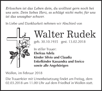Traueranzeige von Walter Rudek von WVG - Wochenspiegel Bitterfeld