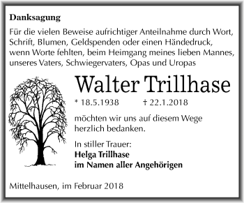 Traueranzeige von Walter Trillhase von Mitteldeutsche Zeitung Sangerhausen