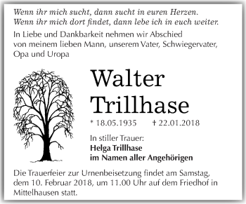 Traueranzeige von Walter Trillhase von Super Sonntag Halle