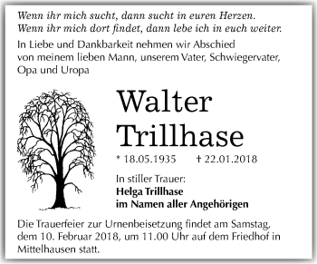 Traueranzeige von Walter Trillhase von Mitteldeutsche Zeitung Sangerhausen