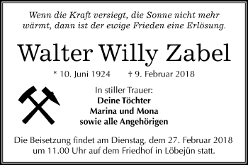 Traueranzeige von Walter Willy Zabel von Mitteldeutsche Zeitung Halle/Saalkreis