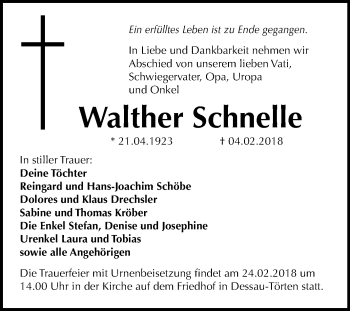 Traueranzeige von Walther Schnelle von Mitteldeutsche Zeitung Dessau-Roßlau