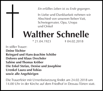 Traueranzeige von Walther Schnelle von WVG - Wochenspiegel Dessau / Köthen