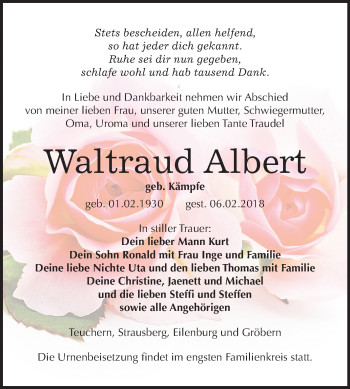 Traueranzeige von Waltraud Albert von Mitteldeutsche Zeitung Weißenfels