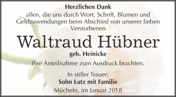 Traueranzeige von Waltraud Hübner von WVG - Wochenspiegel Merseburg