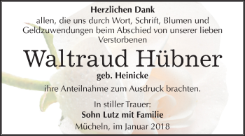 Traueranzeige von Waltraud Hübner von Mitteldeutsche Zeitung Merseburg/Querfurt