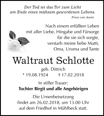 Traueranzeige von Waltraut Schlotte von Mitteldeutsche Zeitung Bitterfeld