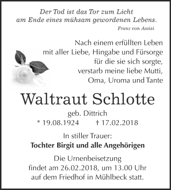 Traueranzeige von Waltraut Schlotte von WVG - Wochenspiegel Bitterfeld
