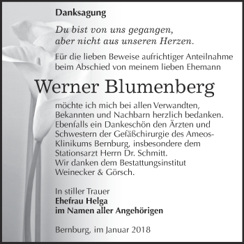 Traueranzeige von Werner Blumenberg von Super Sonntag Bernburg