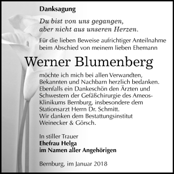 Traueranzeige von Werner Blumenberg von Mitteldeutsche Zeitung Bernburg
