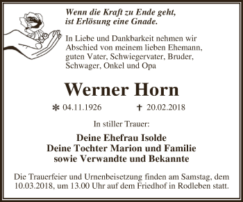 Traueranzeige von Werner Horn von WVG - Wochenspiegel Dessau / Köthen
