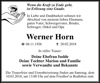 Traueranzeige von Werner Horn von Mitteldeutsche Zeitung Dessau-Roßlau