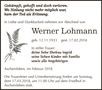 Traueranzeige von Werner Lohmann von Super Sonntag Aschersleben