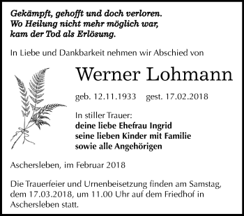 Traueranzeige von Werner Lohmann von Mitteldeutsche Zeitung Aschersleben