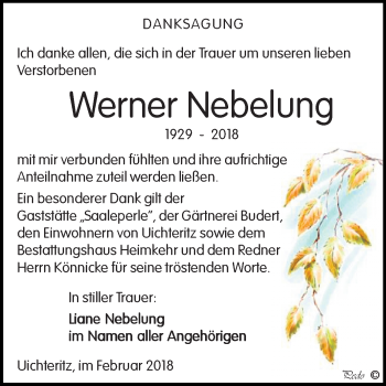Traueranzeige von Werner Nebelung von Mitteldeutsche Zeitung Weißenfels