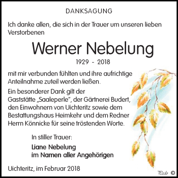 Traueranzeige von Werner Nebelung von WVG - Wochenspiegel NMB / WSF / ZTZ