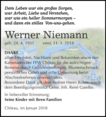 Traueranzeige von Werner Niemann von Mitteldeutsche Zeitung Köthen