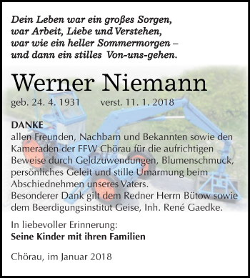 Traueranzeige von Werner Niemann von WVG - Wochenspiegel Dessau / Köthen