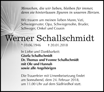 Traueranzeige von Werner Schallschmidt von Mitteldeutsche Zeitung Halle/Saalkreis
