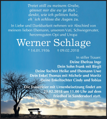 Traueranzeige von Werner Schlage von Mitteldeutsche Zeitung Bitterfeld