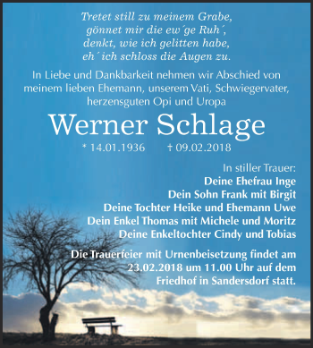 Traueranzeige von Werner Schlage von WVG - Wochenspiegel Bitterfeld