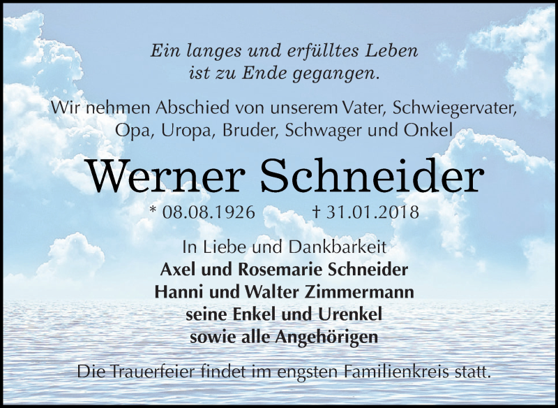  Traueranzeige für Werner Schneider vom 03.02.2018 aus Super Sonntag SGH Mansf. Land
