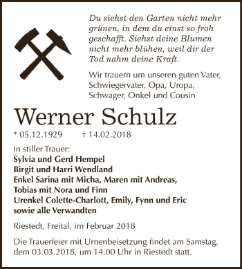 Traueranzeige von Werner Schulz von Super Sonntag SGH Mansf. Land