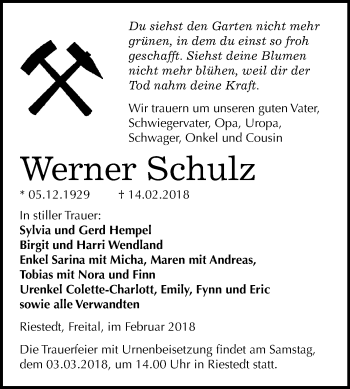 Traueranzeige von Werner Schulz von Mitteldeutsche Zeitung