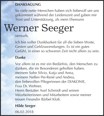 Traueranzeige von Werner Seeger von WVG - Wochenspiegel NMB / WSF / ZTZ