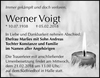 Traueranzeige von Werner Voigt von Mitteldeutsche Zeitung Halle/Saalkreis