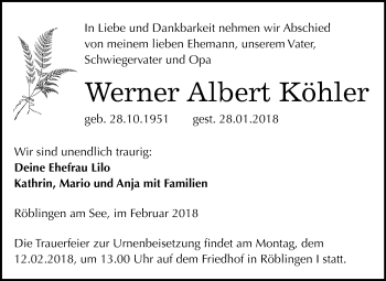 Traueranzeige von Werner Albert Köhler von Mitteldeutsche Zeitung