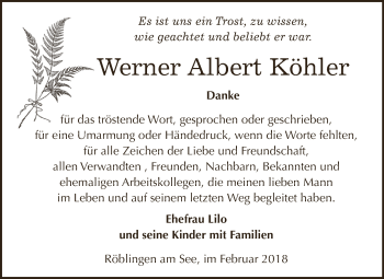 Traueranzeige von Werner Albert Köhler von Wochenspiegel Mansfelder Land