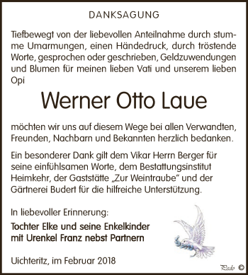 Traueranzeige von Werner Otto Laue von WVG - Wochenspiegel NMB / WSF / ZTZ