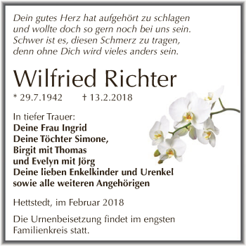 Traueranzeige von Wilfried Richter von Wochenspiegel Mansfelder Land