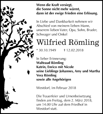 Traueranzeige von Wilfried Römling von Mitteldeutsche Zeitung Aschersleben