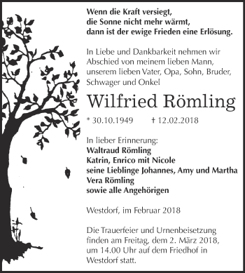 Traueranzeige von Wilfried Römling von Super Sonntag Aschersleben