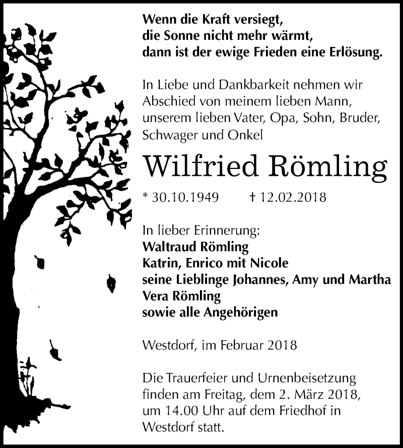  Traueranzeige für Wilfried Römling vom 24.02.2018 aus Mitteldeutsche Zeitung Aschersleben