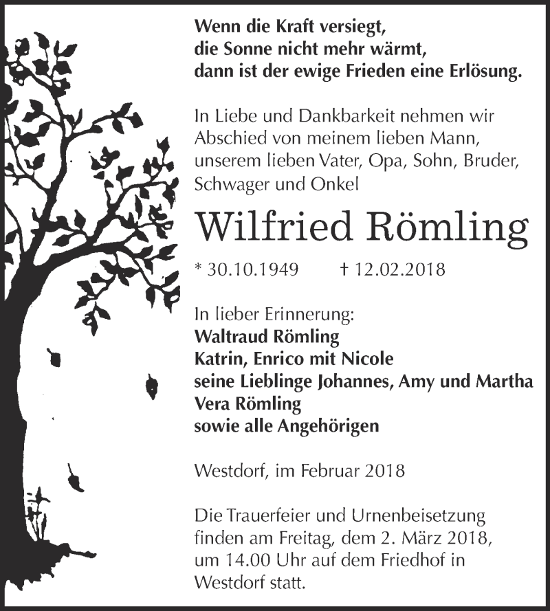 Traueranzeige für Wilfried Römling vom 17.02.2018 aus Super Sonntag Aschersleben