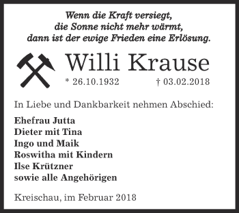 Traueranzeige von Willi Krause von WVG - Wochenspiegel NMB / WSF / ZTZ